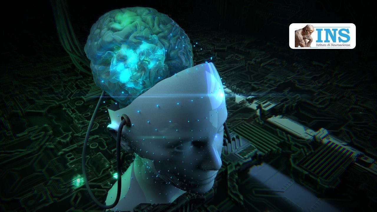 Un'immagine tridimensionale di un cyborg a cui viene inserito un cervello pulsante su uno sfondo di chip