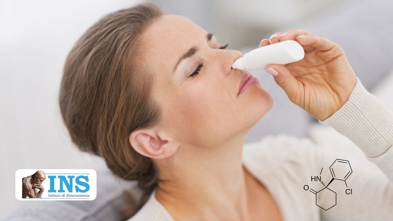 A woman using an Esketamine nasal spray to combat treatment-resistant Depression.
