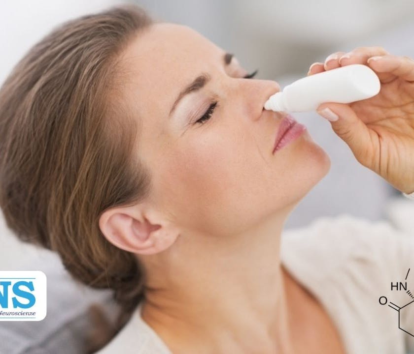 A woman using an Esketamine nasal spray to combat treatment-resistant Depression.
