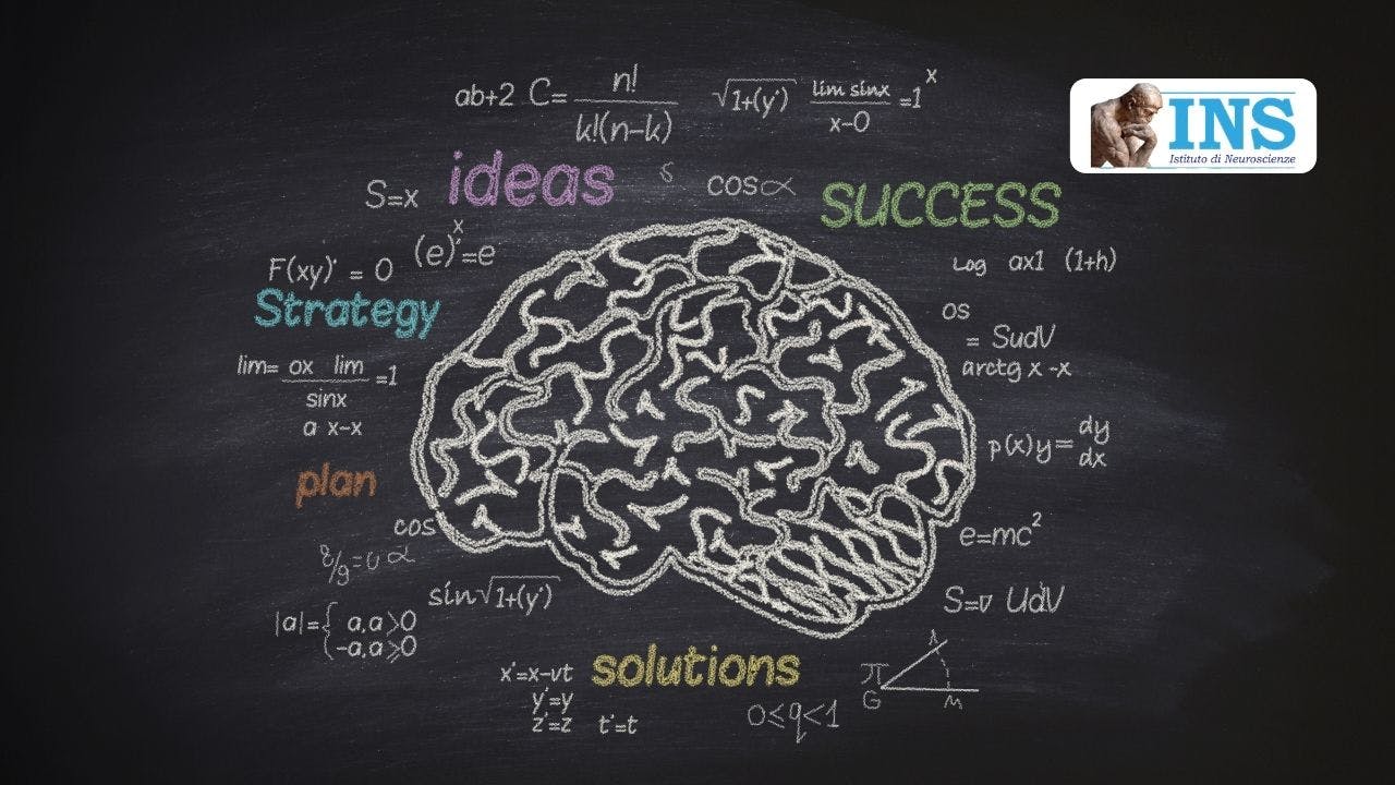 Copertina della Stimolazione Theta Burst con un cervello disegnato su una lavagna attorniato da parole come Idea, Successo, Soluzioni e alcune formule geometriche e matematiche