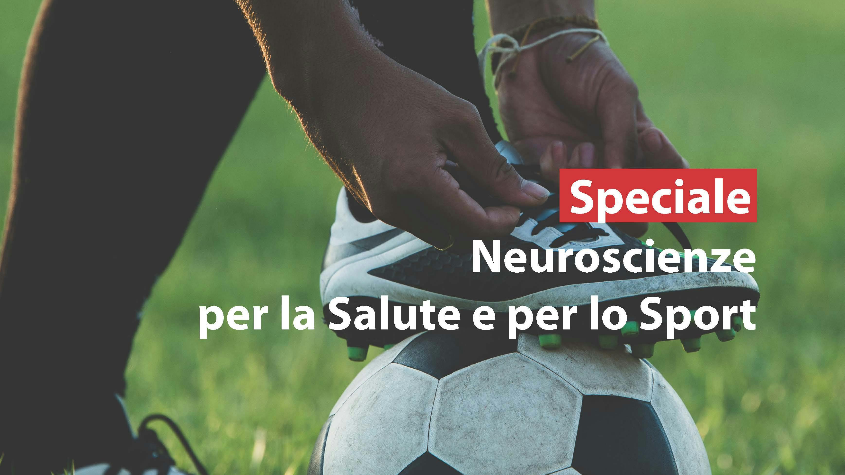 Copertina del sesto numero della rivista Firenze Neuroscienze. TITOLO: Speciale -Neuroscienze per la Salute e per lo Sport. SFONDO: calciatore che si allaccia la scarpa su un pallone da calcio in un campo verde.