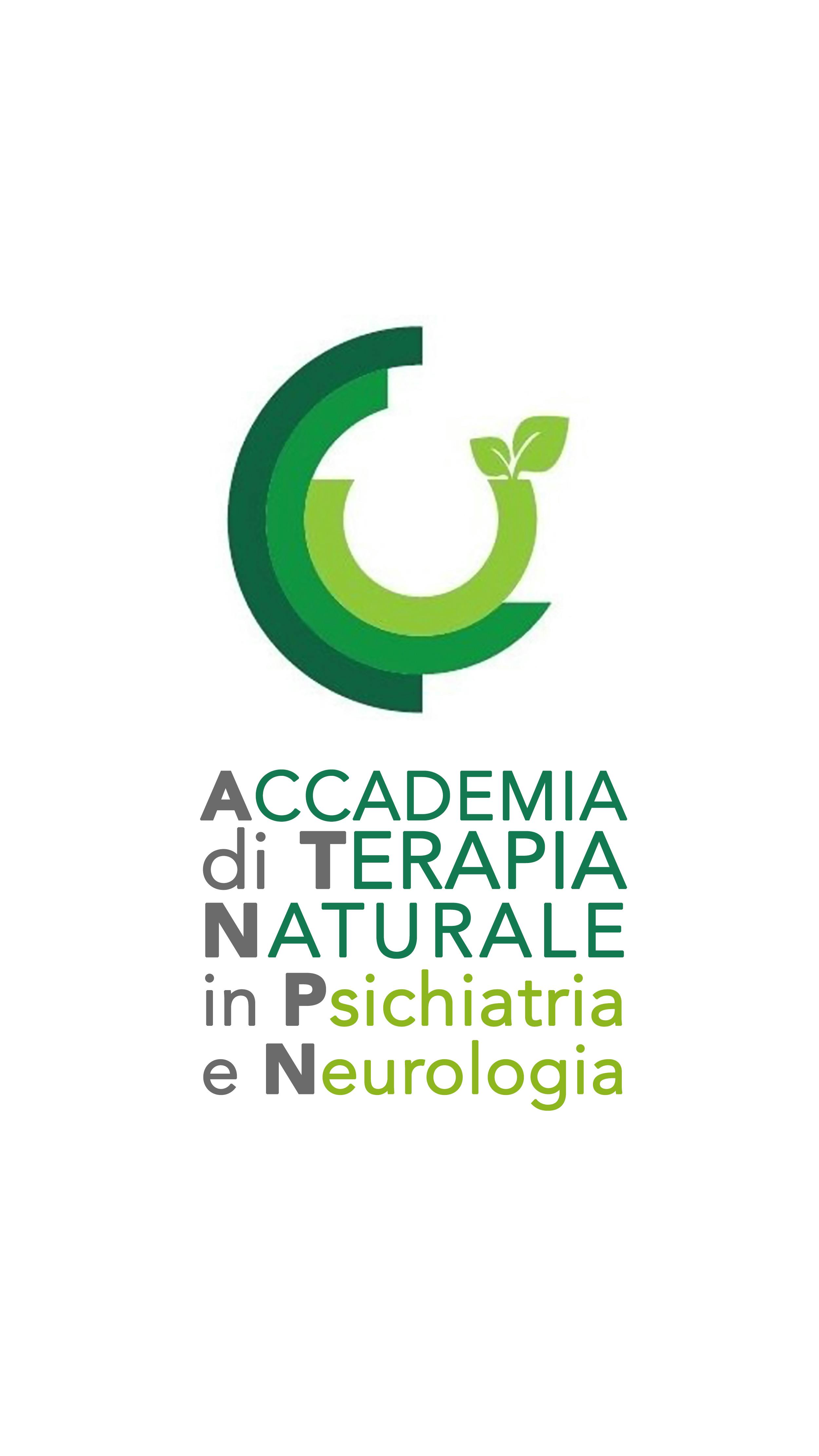 Logo dell'Accademia di Terapia Naturale in Psichiatria e Neurologia: tre semicerchi di tonalità differenti di verde da cui nascono due foglie verdi.