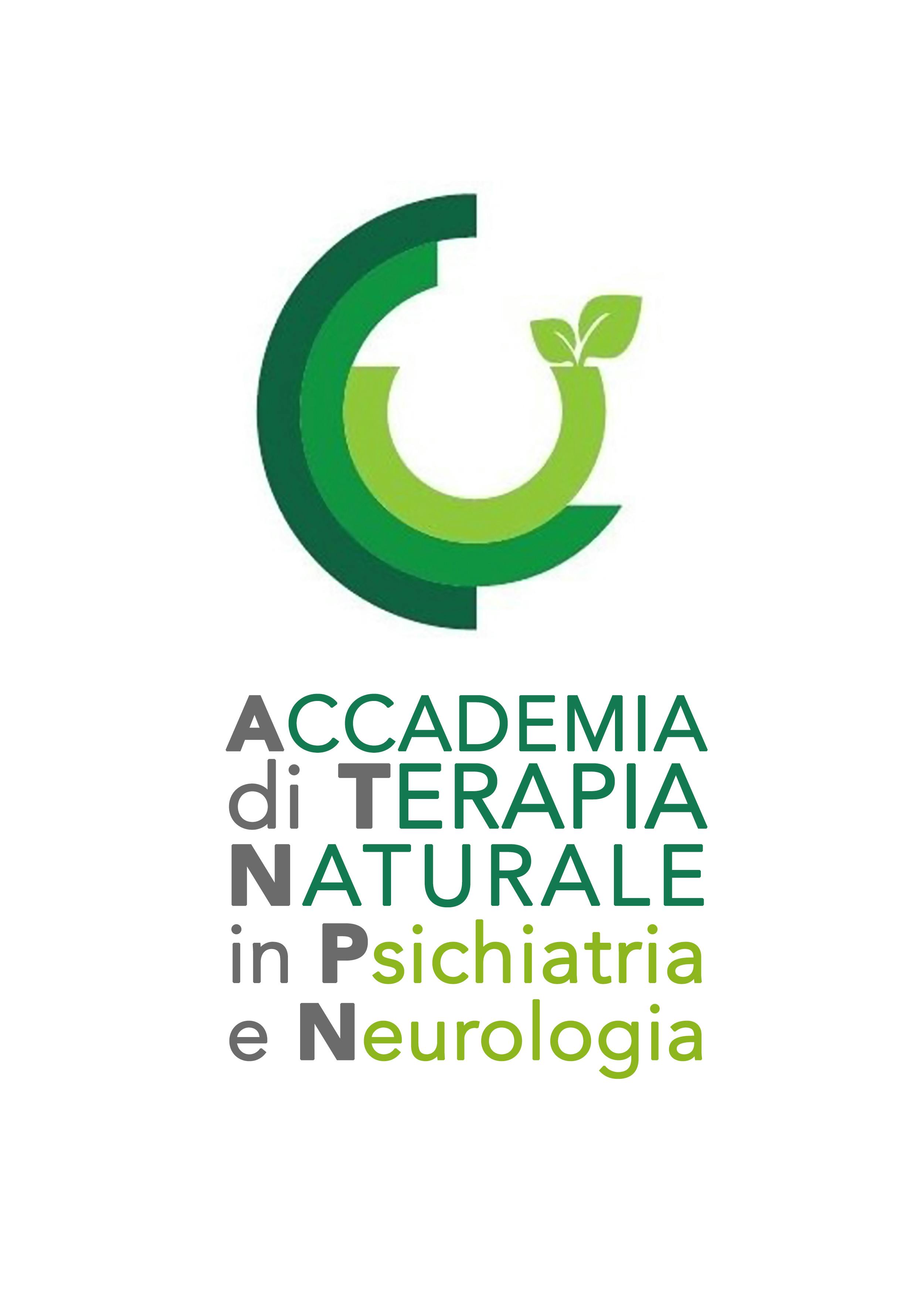 Logo of the italian Academy of Natural Therapy in Psychiatry and Neurology: three semicircles of different shades of green from which two green leaves arise.