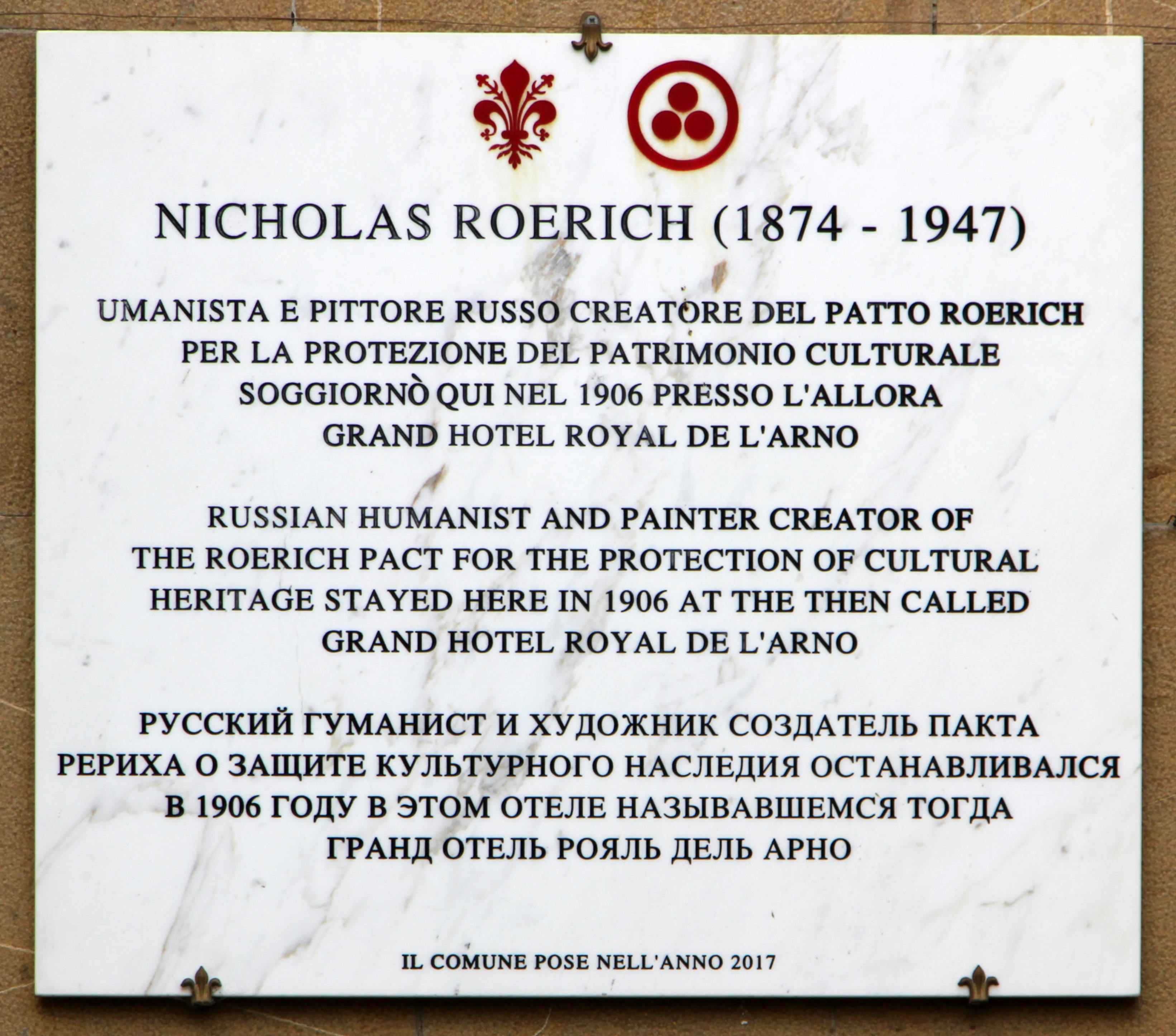 Marble plaque dedicated to Nicolas Roerich and hanging on the Lungarno degli Acciaiuoli in Florence. The plaque reads: Nicholas Roerich (1874 - 1947), Russian humanist and painter creator of the Roerich Pact for the Protection of Cultural Heritage stayed here in 1906 at the then called Grand Hotel Royal de l'Arno.