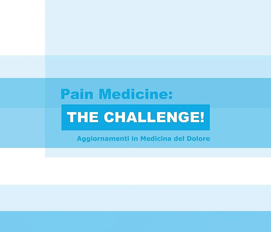 Scritta "Pain Medicine: The Challenge! Aggiornamenti in Medicina del Dolore" su sfondo composto da bande di varie tonalità di azzurro.