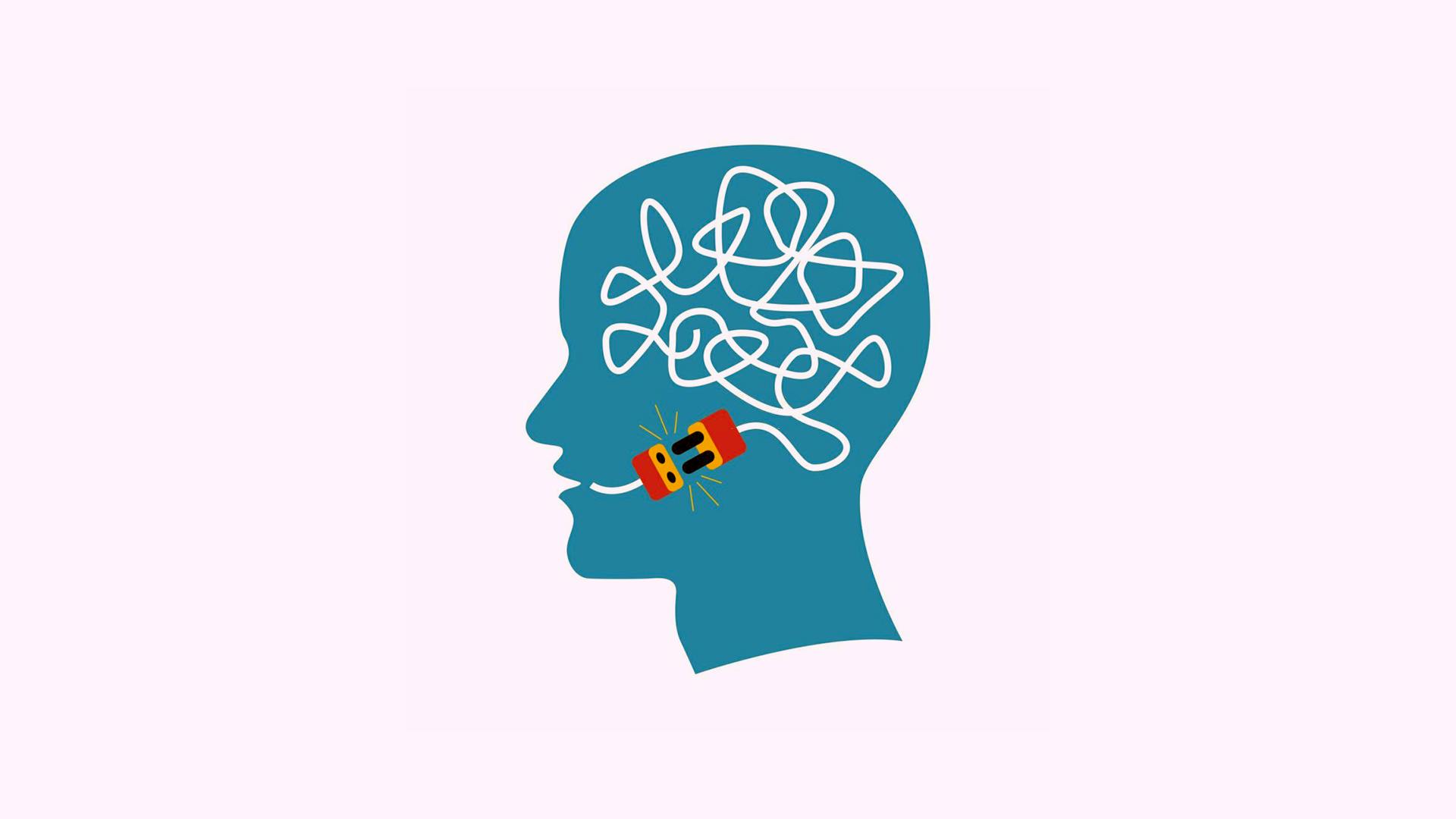 Rappresentazione grafica dell'afasia: un cervello scollegato da una spina che dovrebbe metterlo in connessione con la bocca.