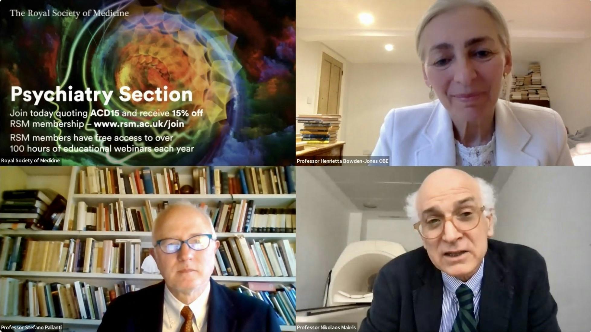 Screenshot del webinar "Neuromodulation in Psychiatry" organizzato dalla Royal Society of Medicine in cui sono intervenuti il Prof. Stefano Pallanti e il Prof. Nikos Makris come relatori esperti.