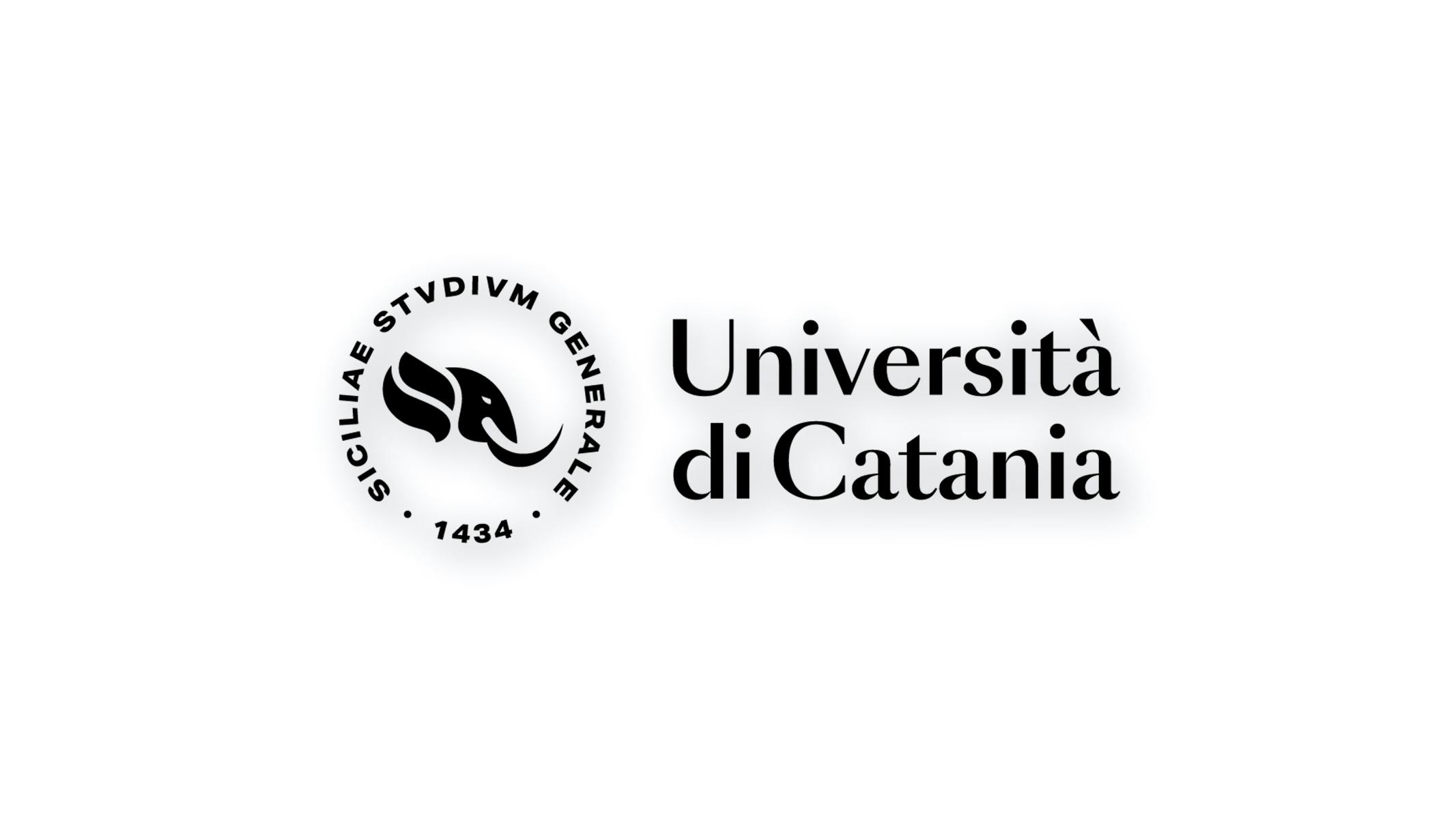 The image shows the logo of the University of Catania. The logo consists of a circle formed by the words "SICILIAE STVDIVM GENERALE - 1434" with a graphic representation of an elephant (symbol of the university) inside. The logo is black on a white background with light shading below the logo.