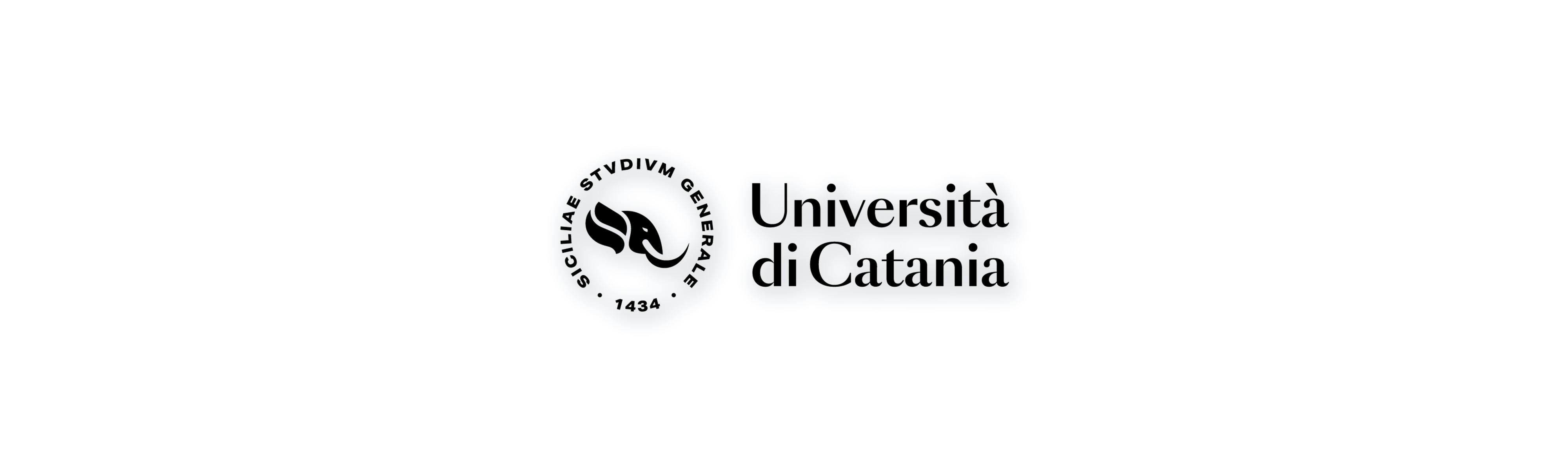 The image shows the logo of the University of Catania. The logo consists of a circle formed by the words "SICILIAE STVDIVM GENERALE - 1434" with a graphic representation of an elephant (symbol of the university) inside. The logo is black on a white background with light shading below the logo.