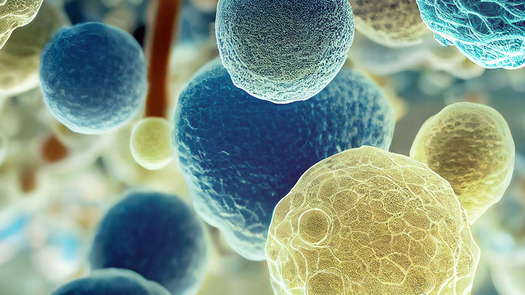Fotografia al microsfopio di batteri gialli e blu