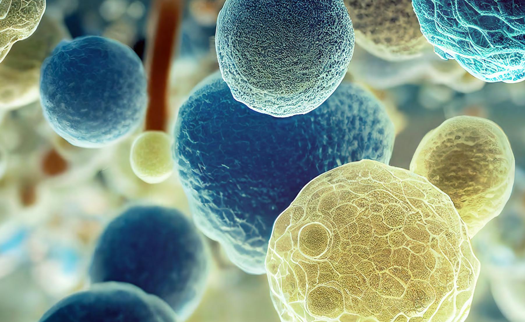 Fotografia al microsfopio di batteri gialli e blu