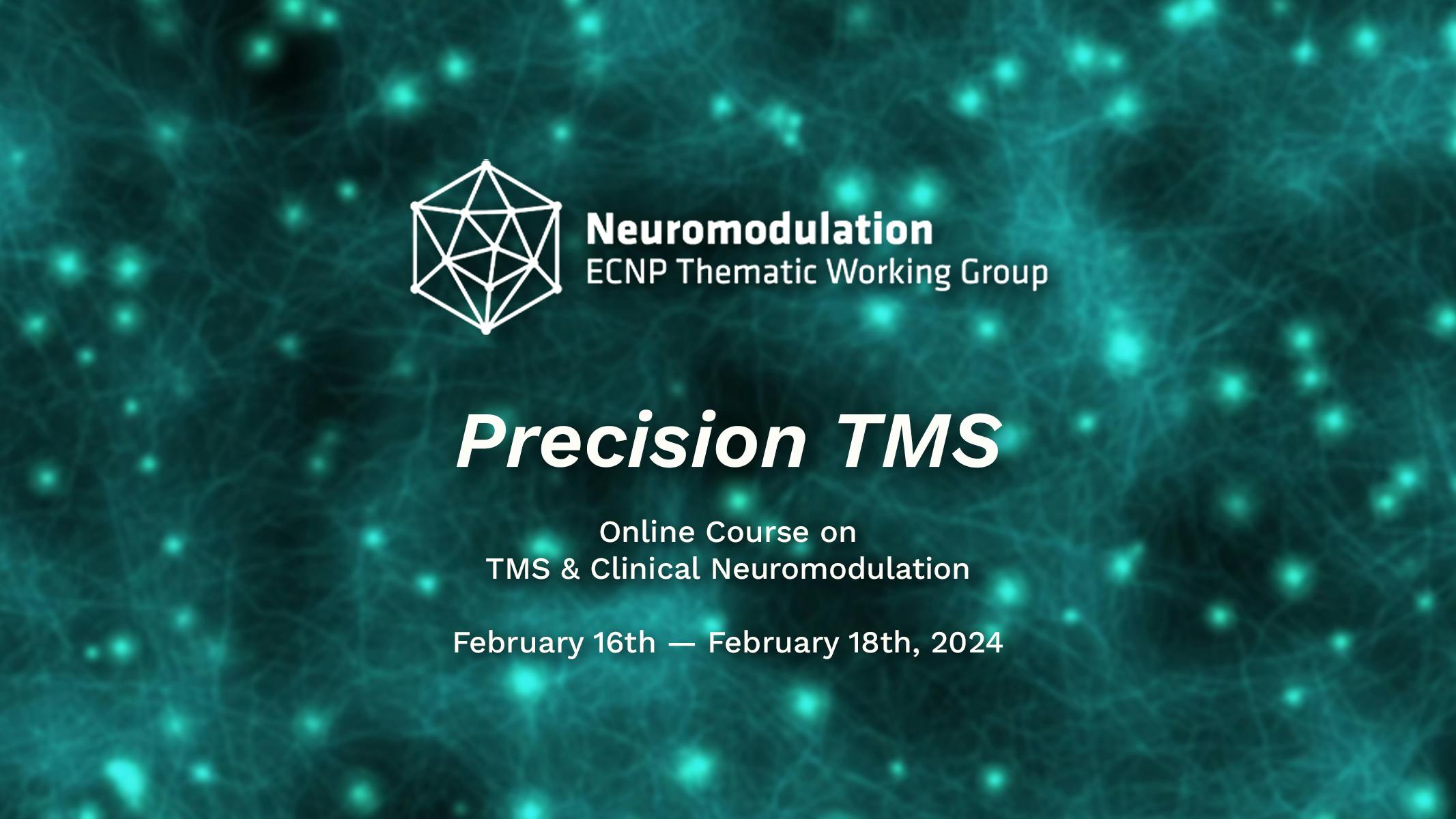 Loghi del Neuromodulation ECNP Thematic Working Group su un'immagine di reti neuronali come sfondo.