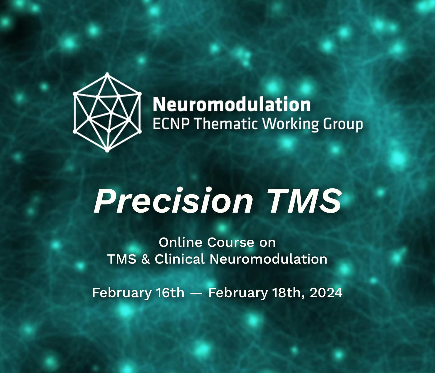 Loghi del Neuromodulation ECNP Thematic Working Group su un'immagine di reti neuronali come sfondo.