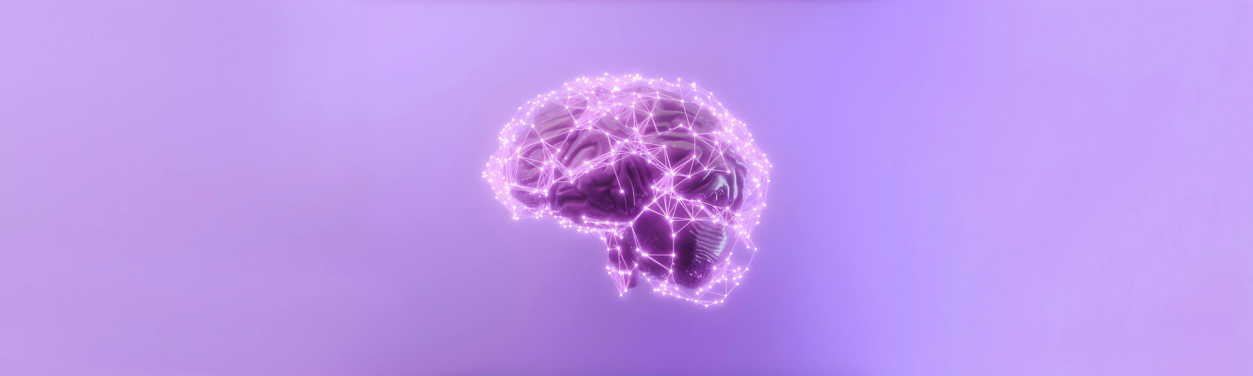 Graphic representation of a human brain and neuronal connections on a purple background.