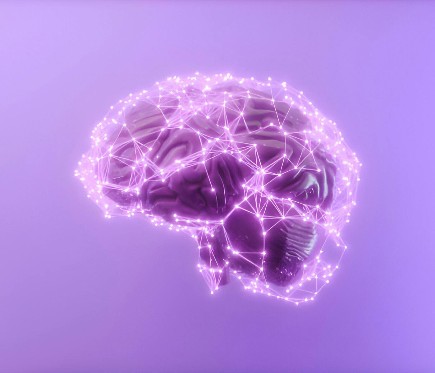 Graphic representation of a human brain and neuronal connections on a purple background.