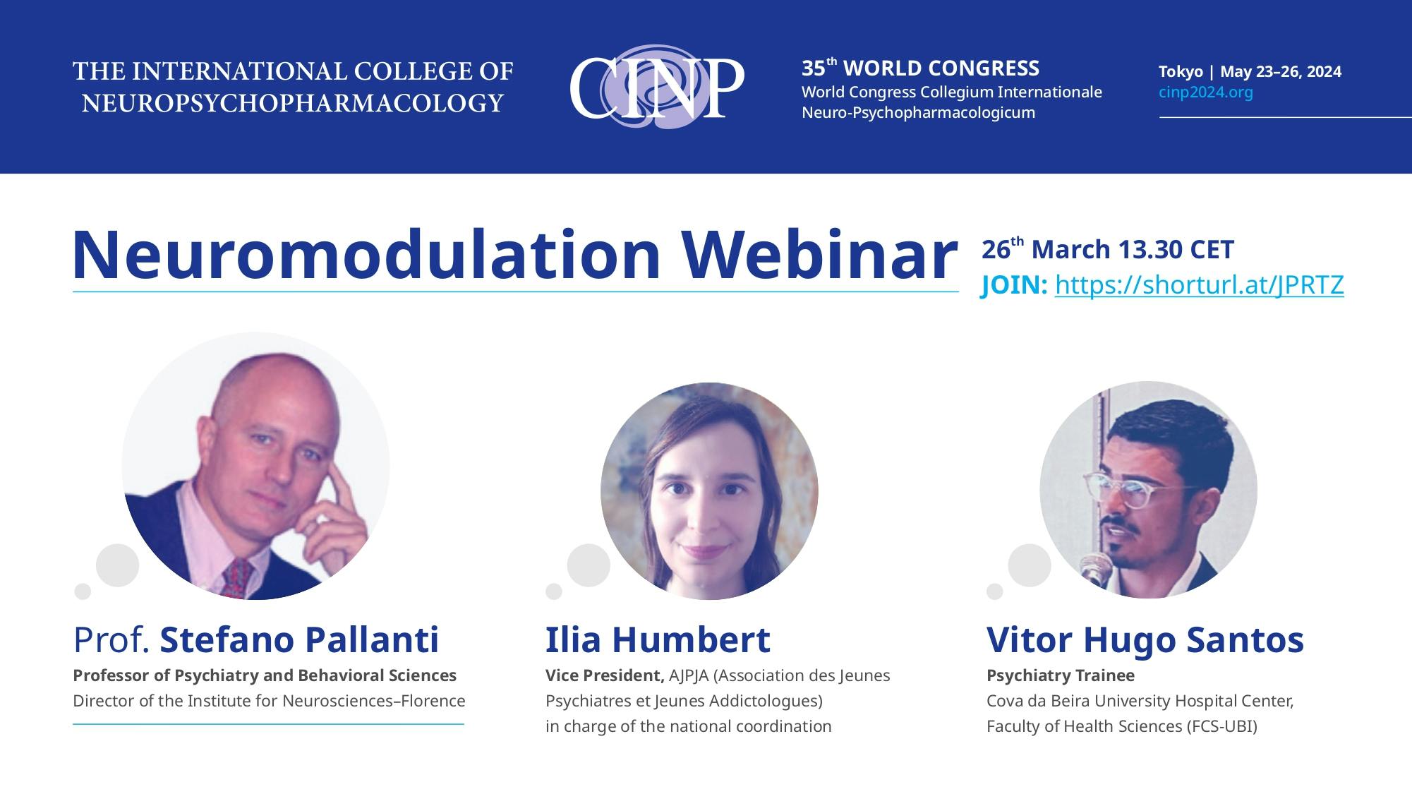 Promotional poster of the Webinar on Neuromodulation delivered online with Dr. Stefano Pallanti at the 35th World Congress of the International College of Neuropsychopharmacology (CINP)