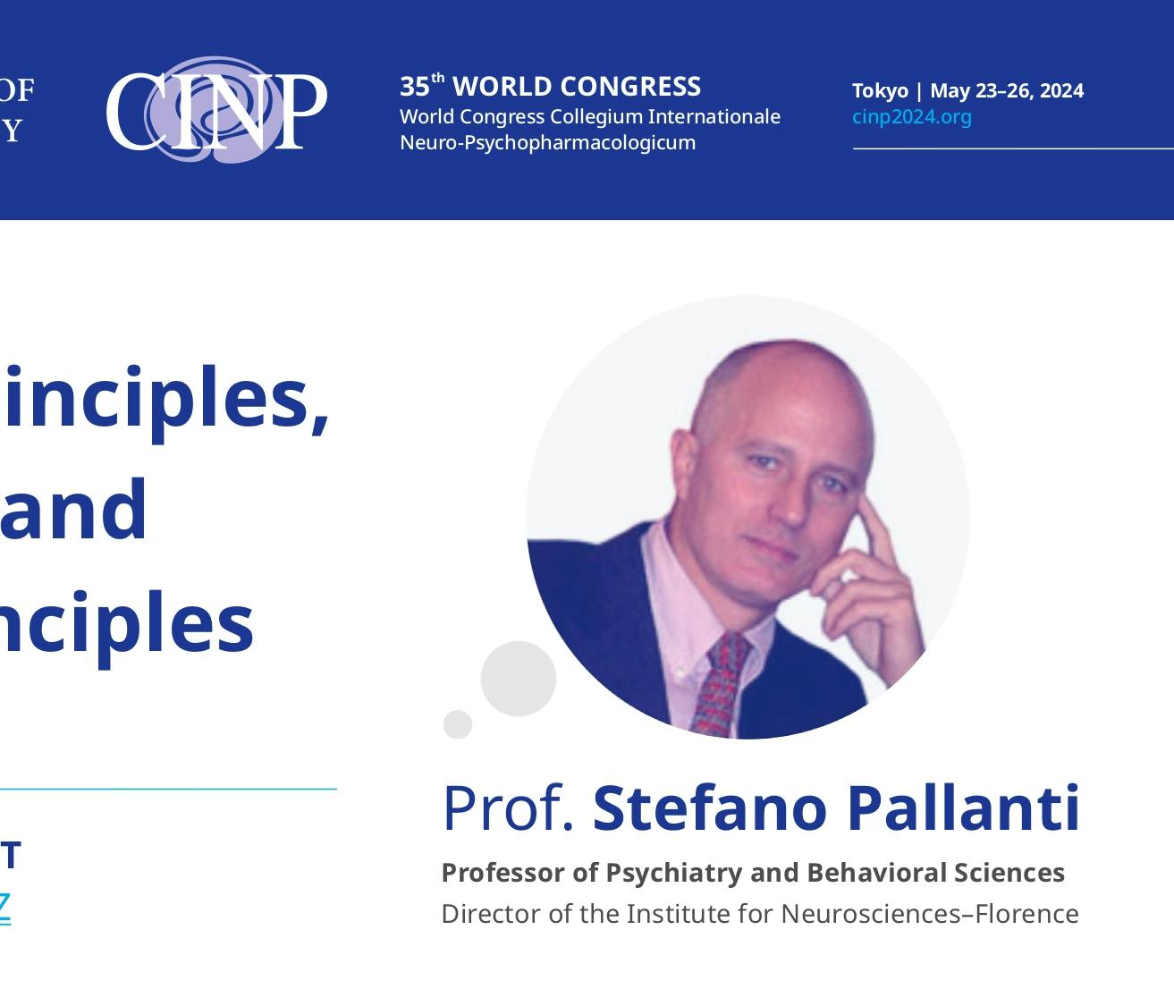 Informative poster on Dr. Pallanti's lecture at the 35th CINP World Congress, entitled "TMS: Basic Principles, Clinical Uses and Research Principles"
