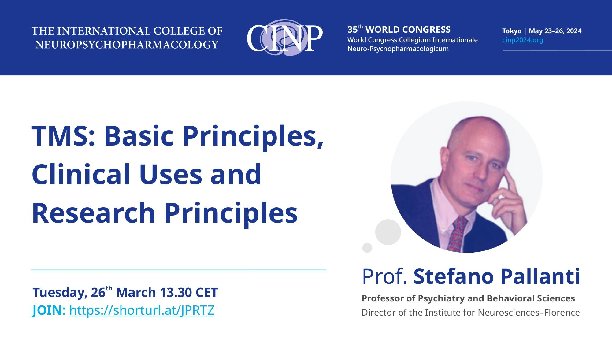 Informative poster on Dr. Pallanti's lecture at the 35th CINP World Congress, entitled "TMS: Basic Principles, Clinical Uses and Research Principles"