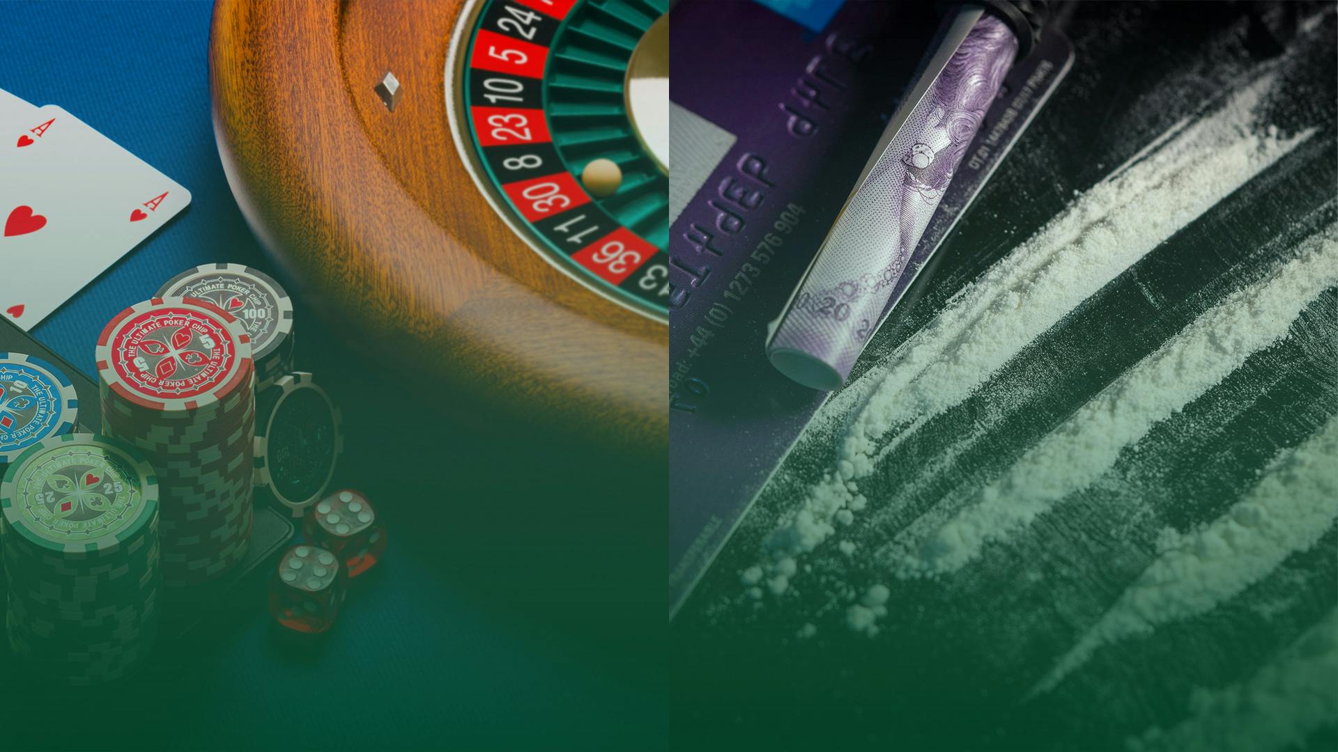 Fotografie affiancate raffiguranti un tavolo da gioco d'azzardo (immagine a sinistra) e alcune strisce di polvere bianca  (immagine a destra).