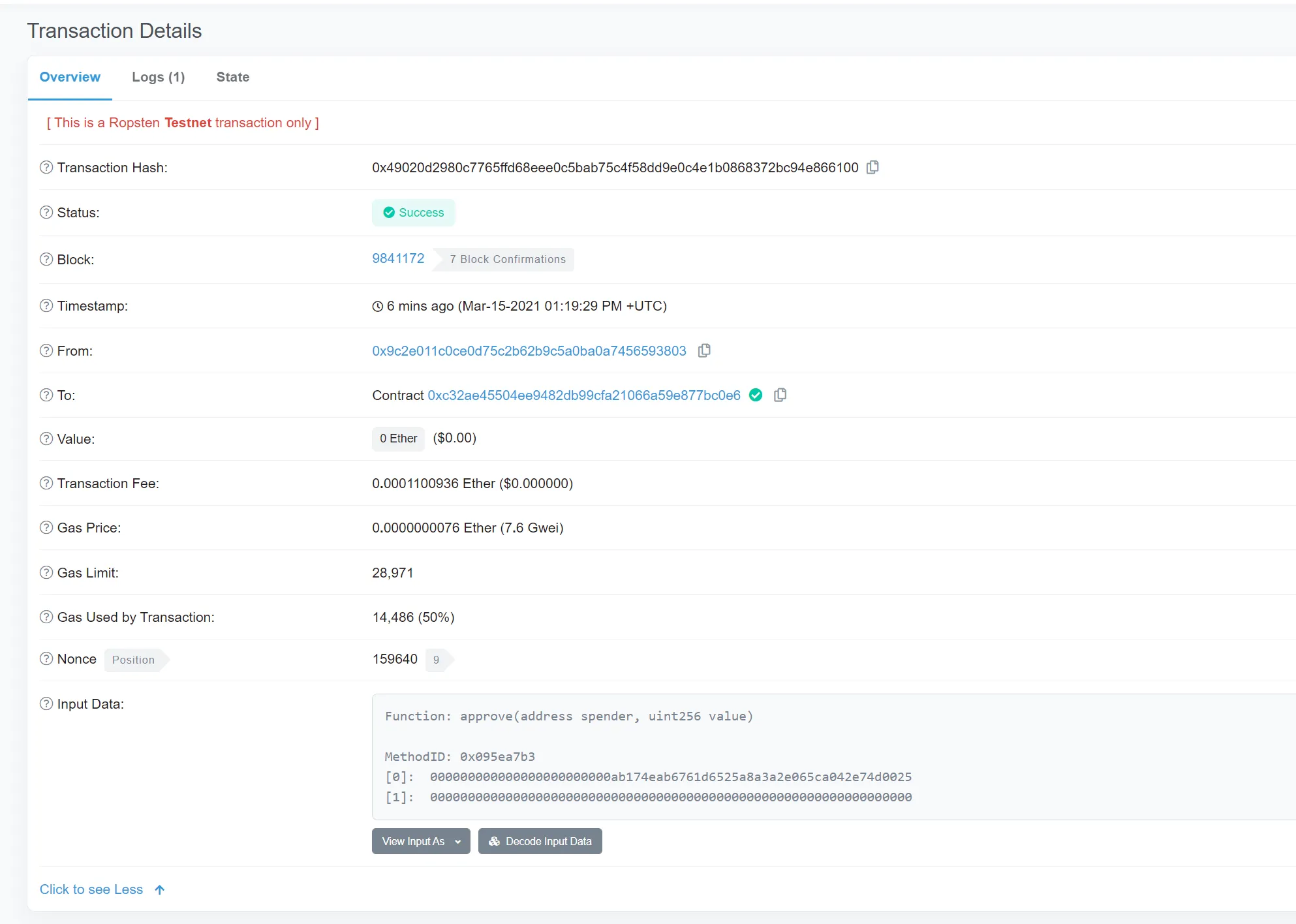 Complete data transaction as seen on Etherscan