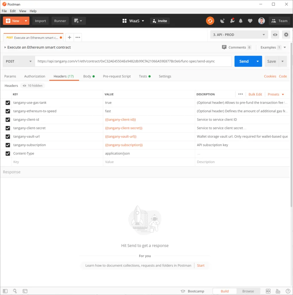 Image of how to execute an Ethereum Smart Contract with Tangany via Postman