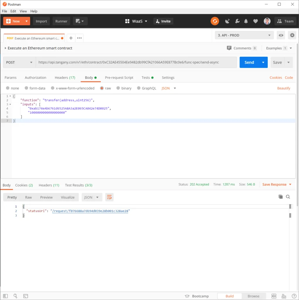 Image of how to execute an Ethereum Smart Contract with Tangany via Postman