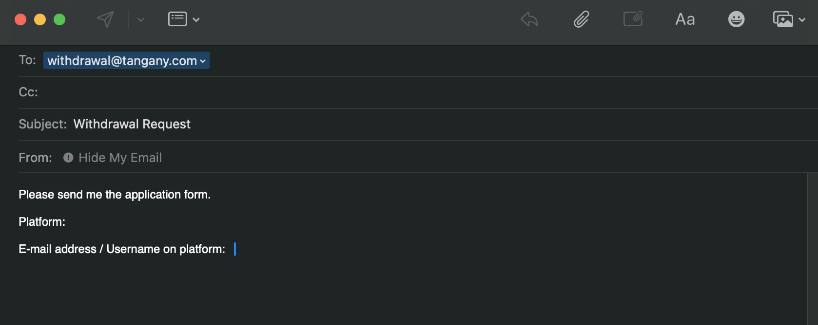 Example email for a withdrawal request