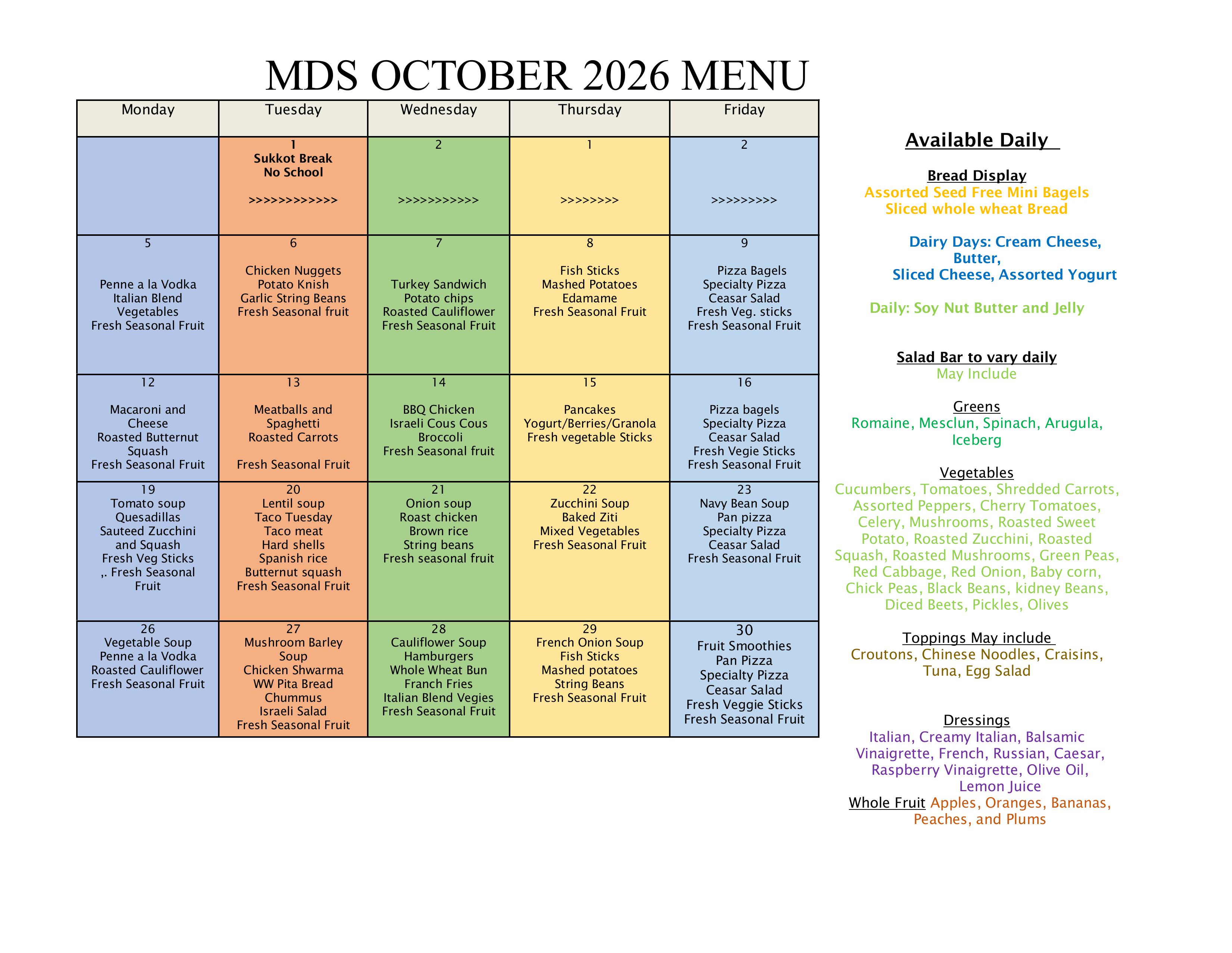 October 2026 Lunch Menu
