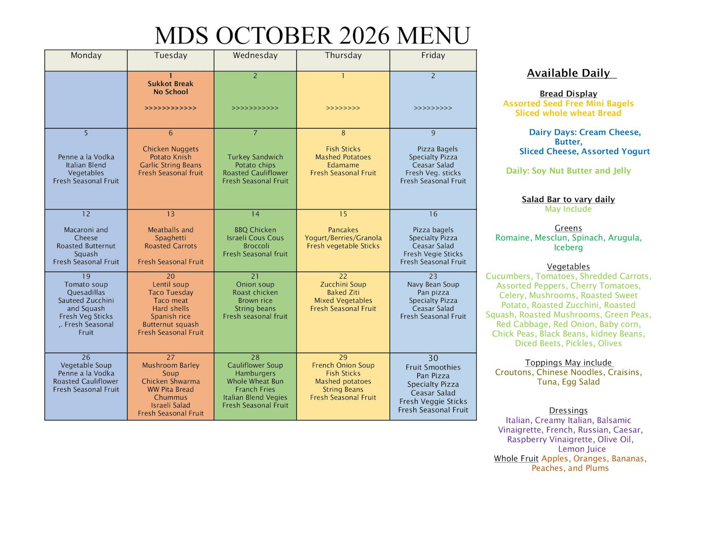 October 2026 Lunch Menu