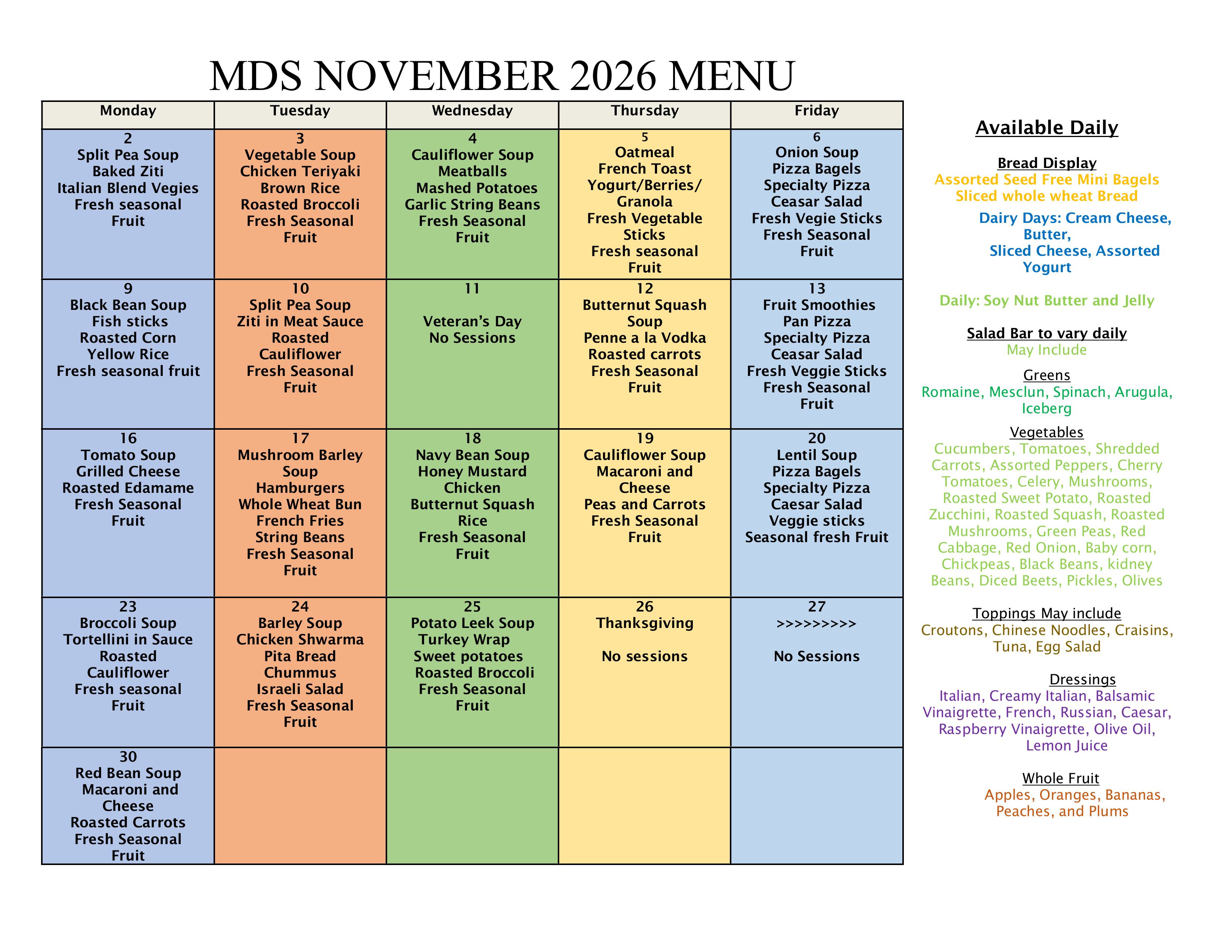 November 2026 Lunch Menu