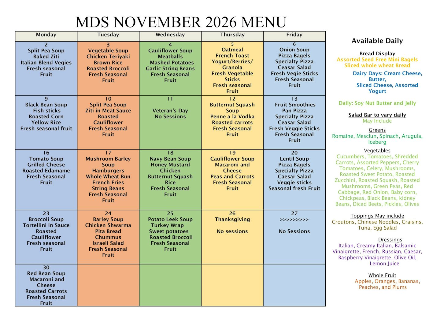 November 2026 Lunch Menu