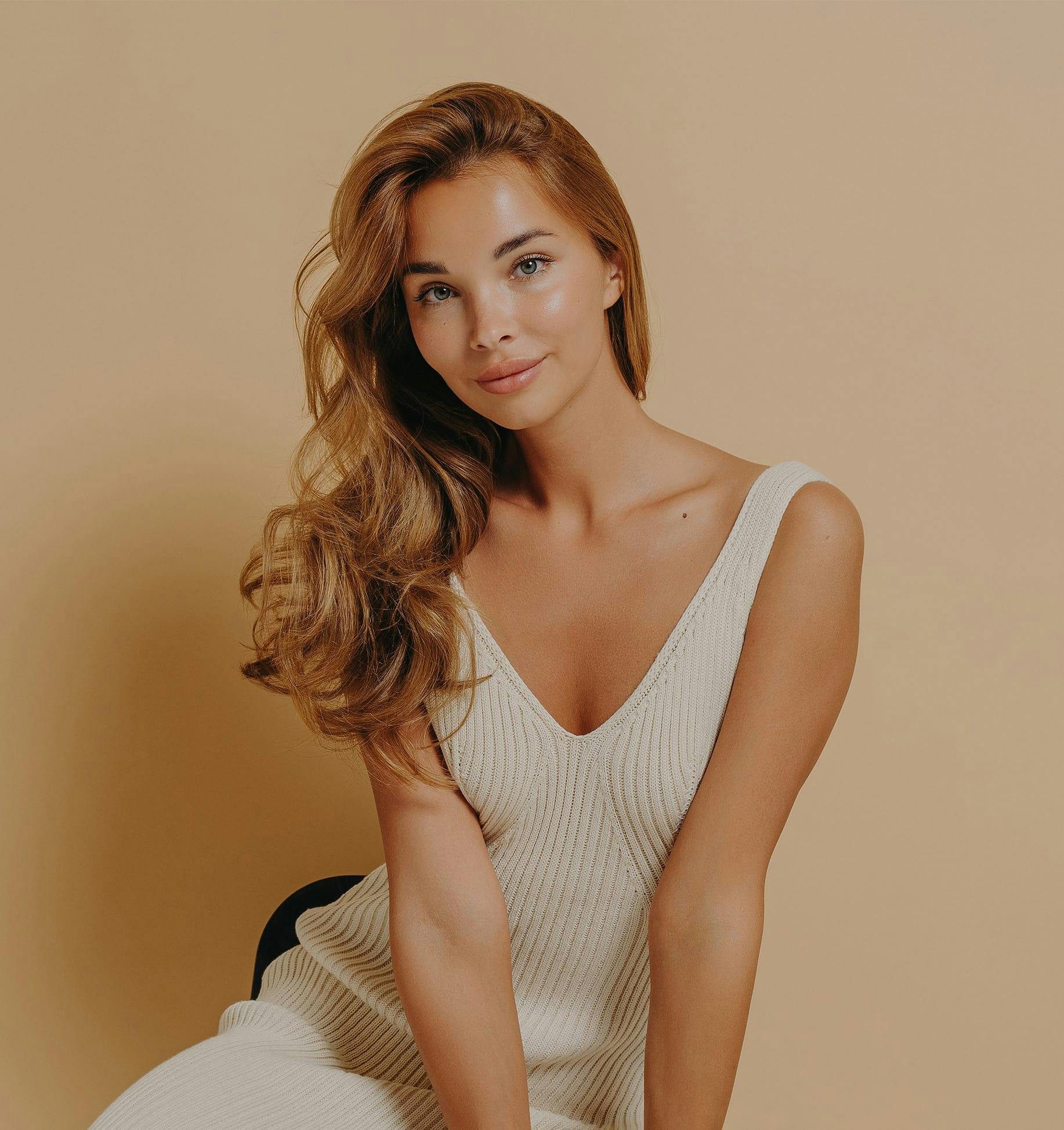 woman sitting on a chair in a white dress