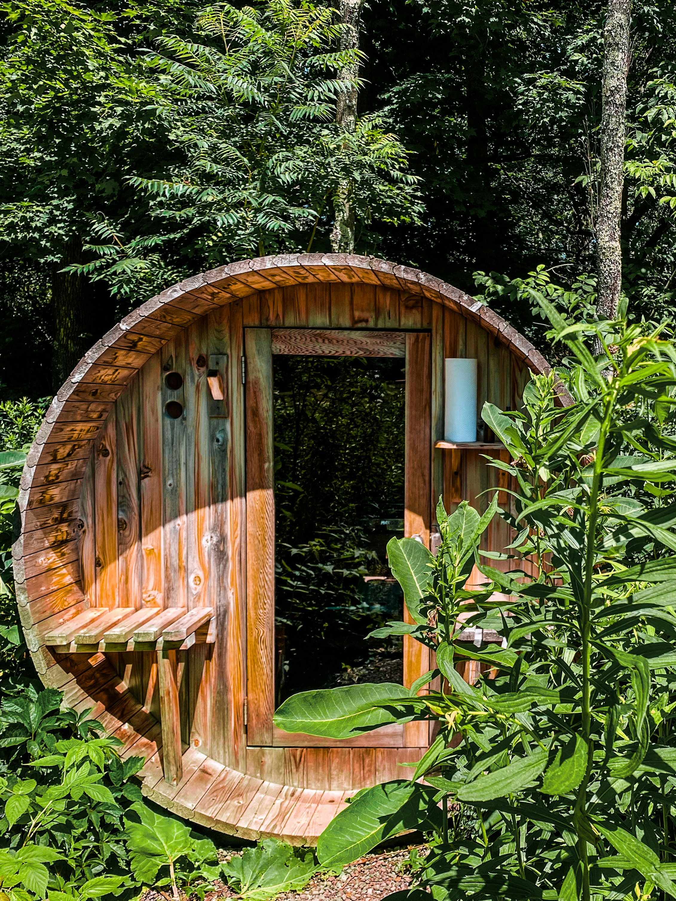 Outside view of a barrel sauna