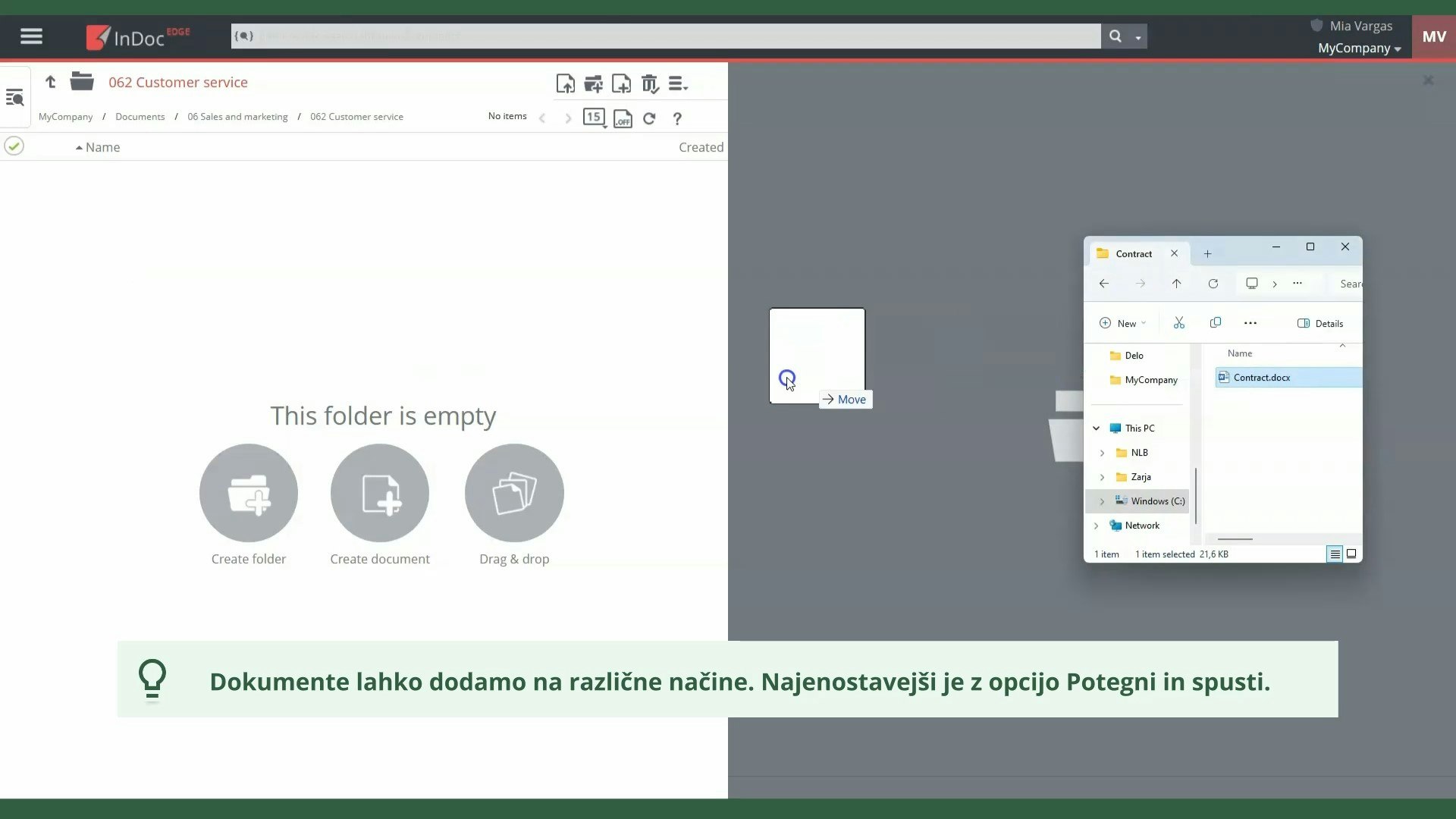 Dokument povlečemo iz namizja in spustimo v želeno mapo v InDoc EDGE