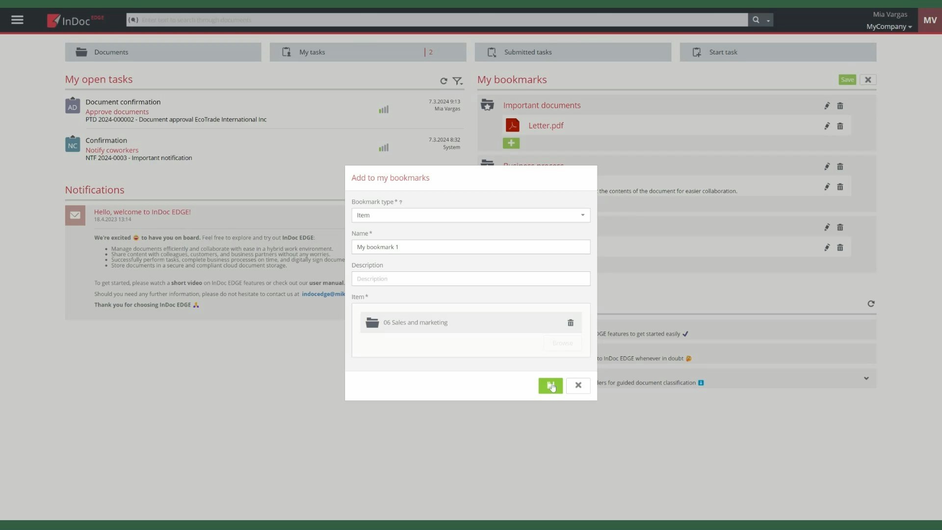 Enter the name, description, and target link for the bookmark.