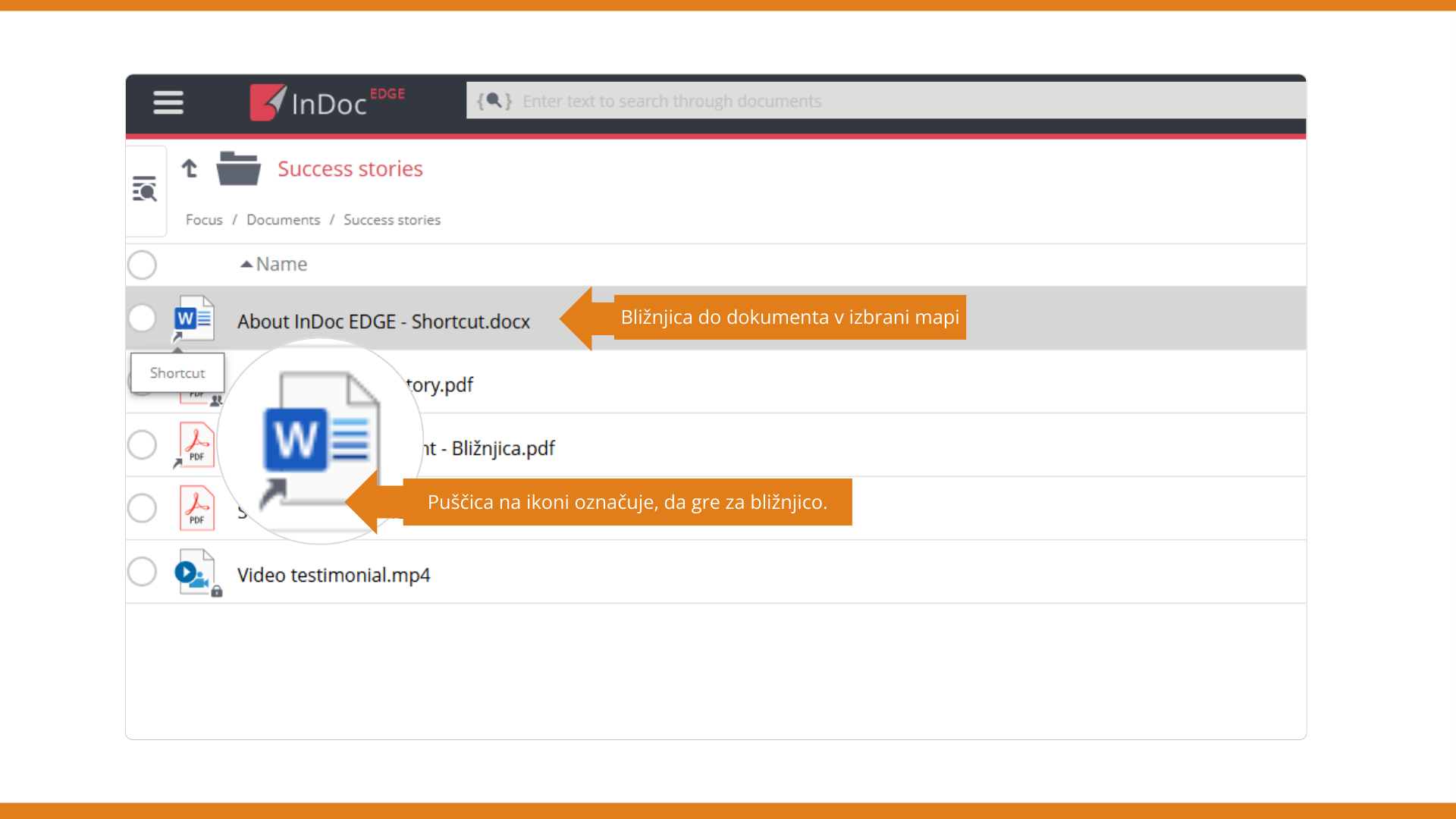 V izbrani mapi je vidna ustvarjena bližnjica, ki jo prepoznamo po ikoni povezave ob njenem imenu.
