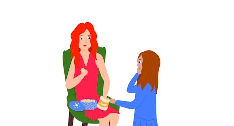 Op deze illustratie is dat de moeder met dementie de hele koektrommel leeg eet. Haar dochter eet stiekem ook met haar mee..