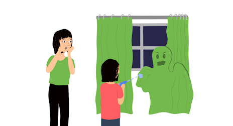 Op deze illustratie is te zien dat de moeder met dementie een spook in haar gordijn ziet. Deze spook is er niet echt. Haar dochter helpt haar door te doen alsof ze de spook wegjaagt door hem nat te spuiten.
