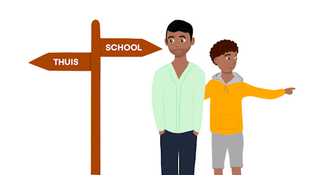 Op deze illustratie is te zien dat een kind verteld aan zijn vader welke kant zij op moeten om naar school te gaan. In de illustratie is zichtbaar dat vader met dementie dat niet meer zo goed weet.