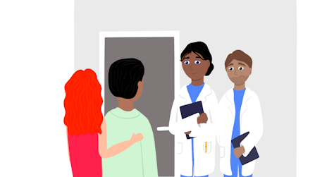 Op deze illustratie is te zien hoe twee mensen worden verwelkomt in het ziekenhuis door twee artsen. Zij komen op bezoek in het ziekenhuis om te onderzoeken of er sprake is van dementie.
