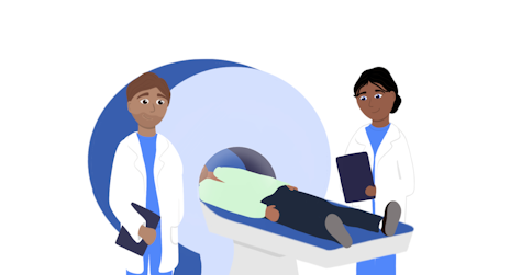 Op deze illustratie is te zien hoe een man onder de MRI scan gaat. Op deze manier kunnen artsen bekijken hoe de hersenen eruit zien en of er sprake is van dementie.