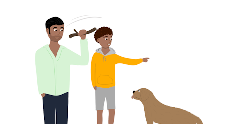 Op deze illustratie is te zien hoe een zoon samen met zijn vader de hond uit gaat laten. Dit is een goede manier om in beweging te blijven.