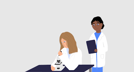 Op de illustratie is te zien dat er twee artsen onder de microscoop onderzoek doen.