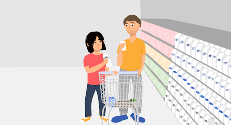 Illustratie van een dochter die samen met haar vader boodschappen gaat doen. Vader lijkt niet meer zo goed te begrijpen wat hij moest halen, dochter helpt hem hier bij.
