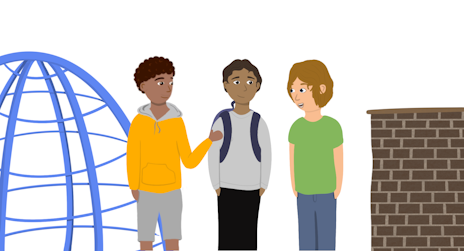 Op deze illustratie is te zien dat een jongen met zijn vrienden praat op het schoolplein.