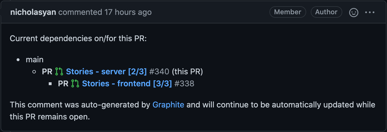 Stacked PR comment on GitHub