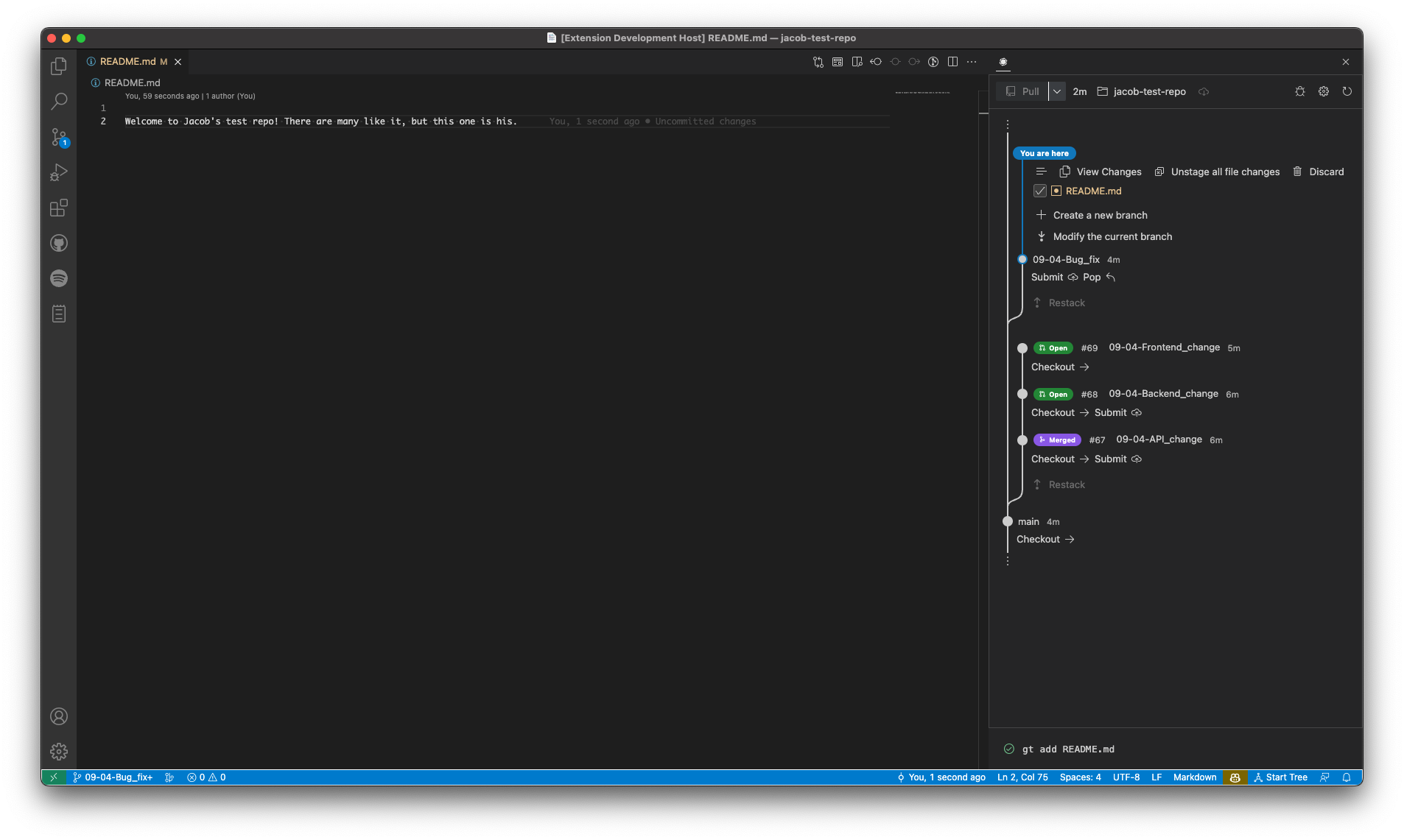 A VSCode window with the Graphite extension in the right sidebar.