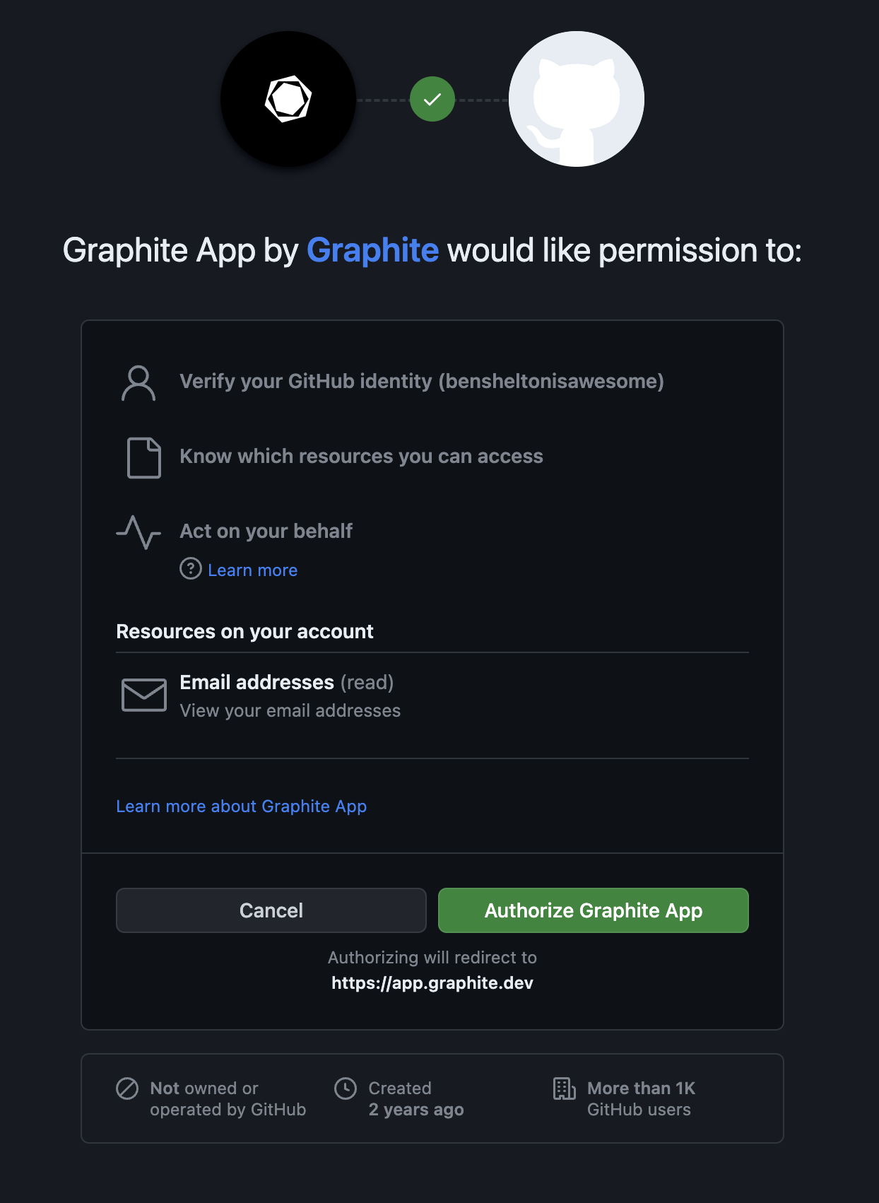 Graphite requesting permission for GitHub