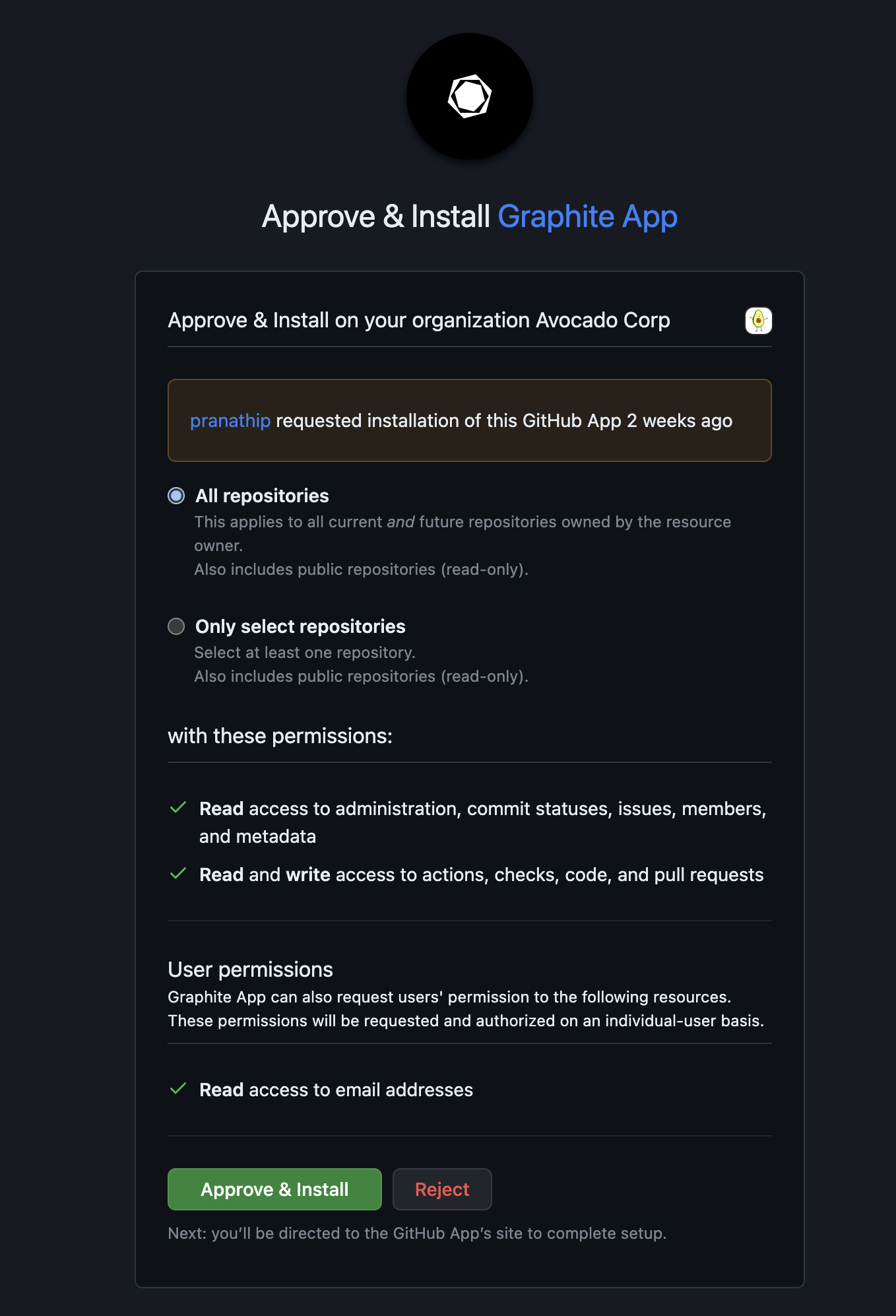 Approve and install Graphite app for all or select repositories