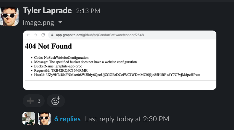 screenshot of slack message from a community member showing a 404 error message